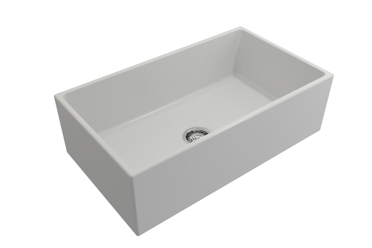 BOCCHI 1352-002-0120 Contempo Apron Front Fireclay 33 in. Single Bowl Kitchen Sink with Protective Bottom Grid and Strainer in White