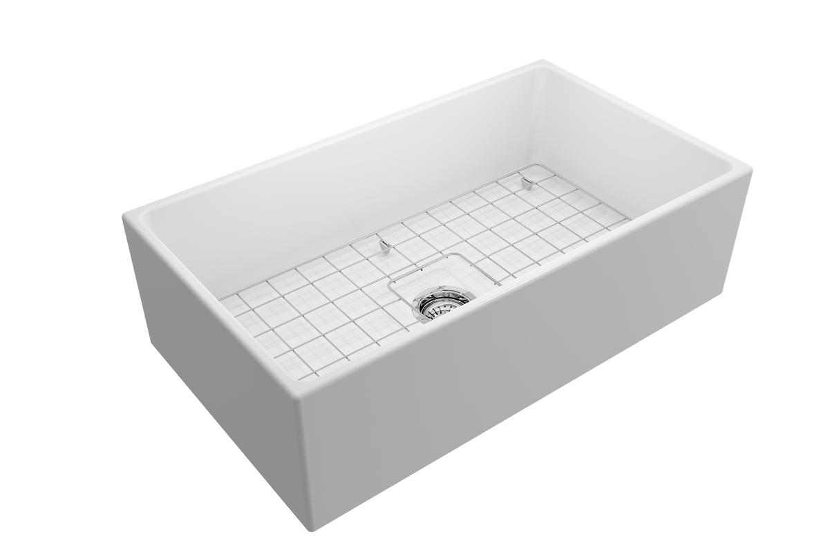 BOCCHI 1352-002-0120 Contempo Apron Front Fireclay 33 in. Single Bowl Kitchen Sink with Protective Bottom Grid and Strainer in White