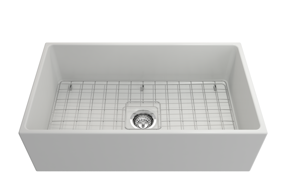 BOCCHI 1352-002-0120 Contempo Apron Front Fireclay 33 in. Single Bowl Kitchen Sink with Protective Bottom Grid and Strainer in White