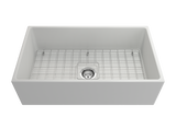 BOCCHI 1352-002-0120 Contempo Apron Front Fireclay 33 in. Single Bowl Kitchen Sink with Protective Bottom Grid and Strainer in White