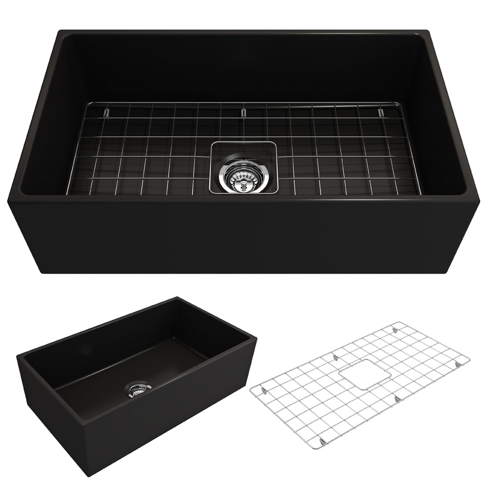 BOCCHI 1352-004-0120 Contempo Apron Front Fireclay 33 in. Single Bowl Kitchen Sink with Protective Bottom Grid and Strainer in Matte Black