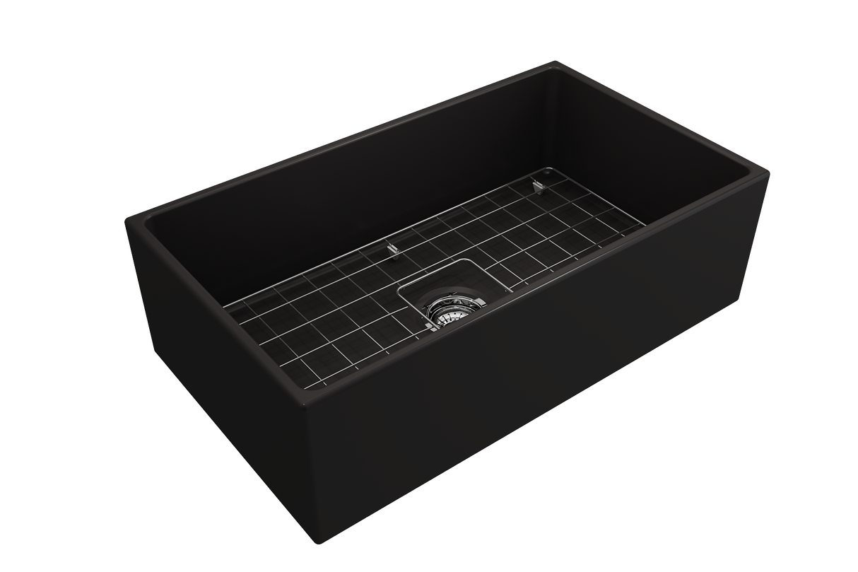 BOCCHI 1352-004-0120 Contempo Apron Front Fireclay 33 in. Single Bowl Kitchen Sink with Protective Bottom Grid and Strainer in Matte Black