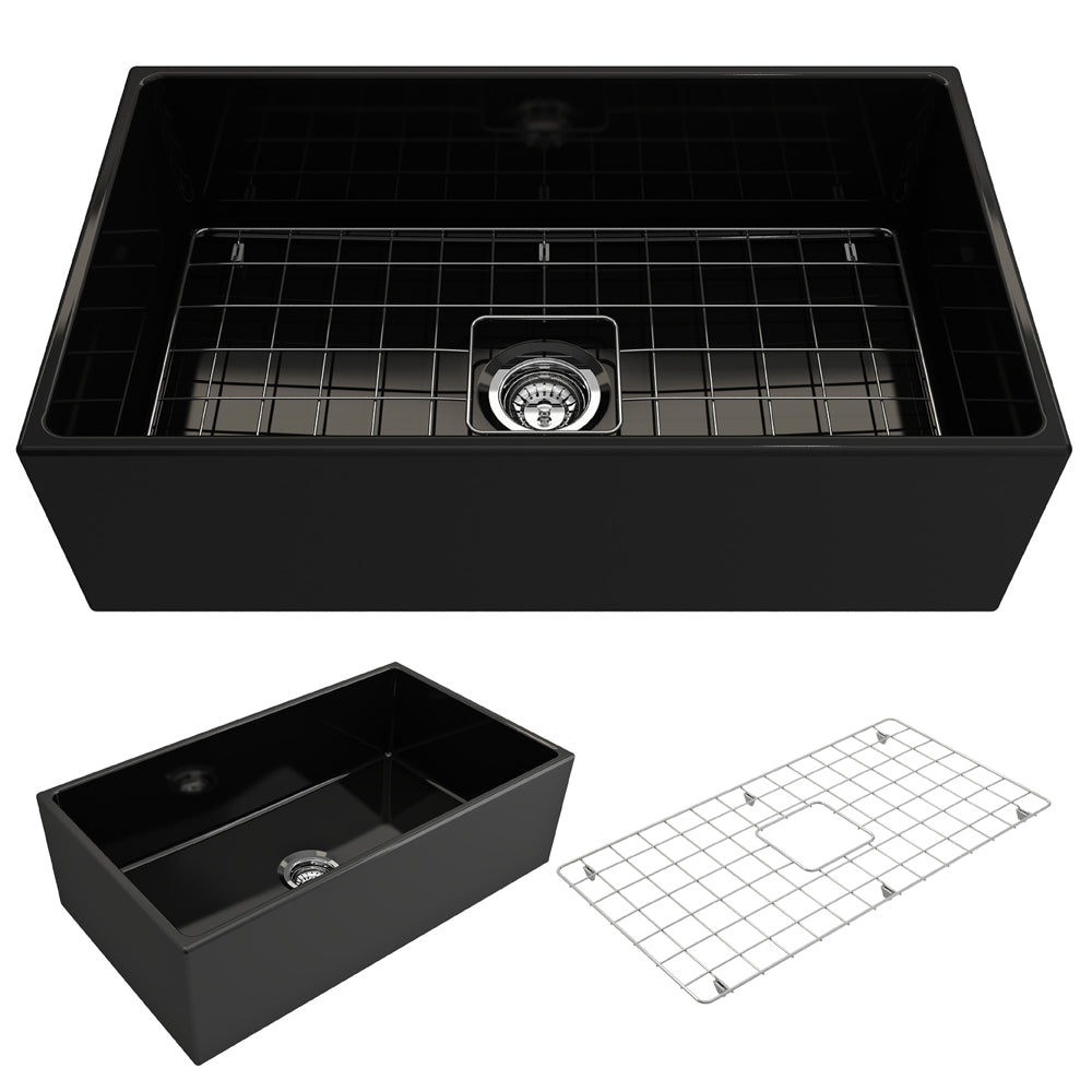 BOCCHI 1352-005-0120 Contempo Apron Front Fireclay 33 in. Single Bowl Kitchen Sink with Protective Bottom Grid and Strainer in Black