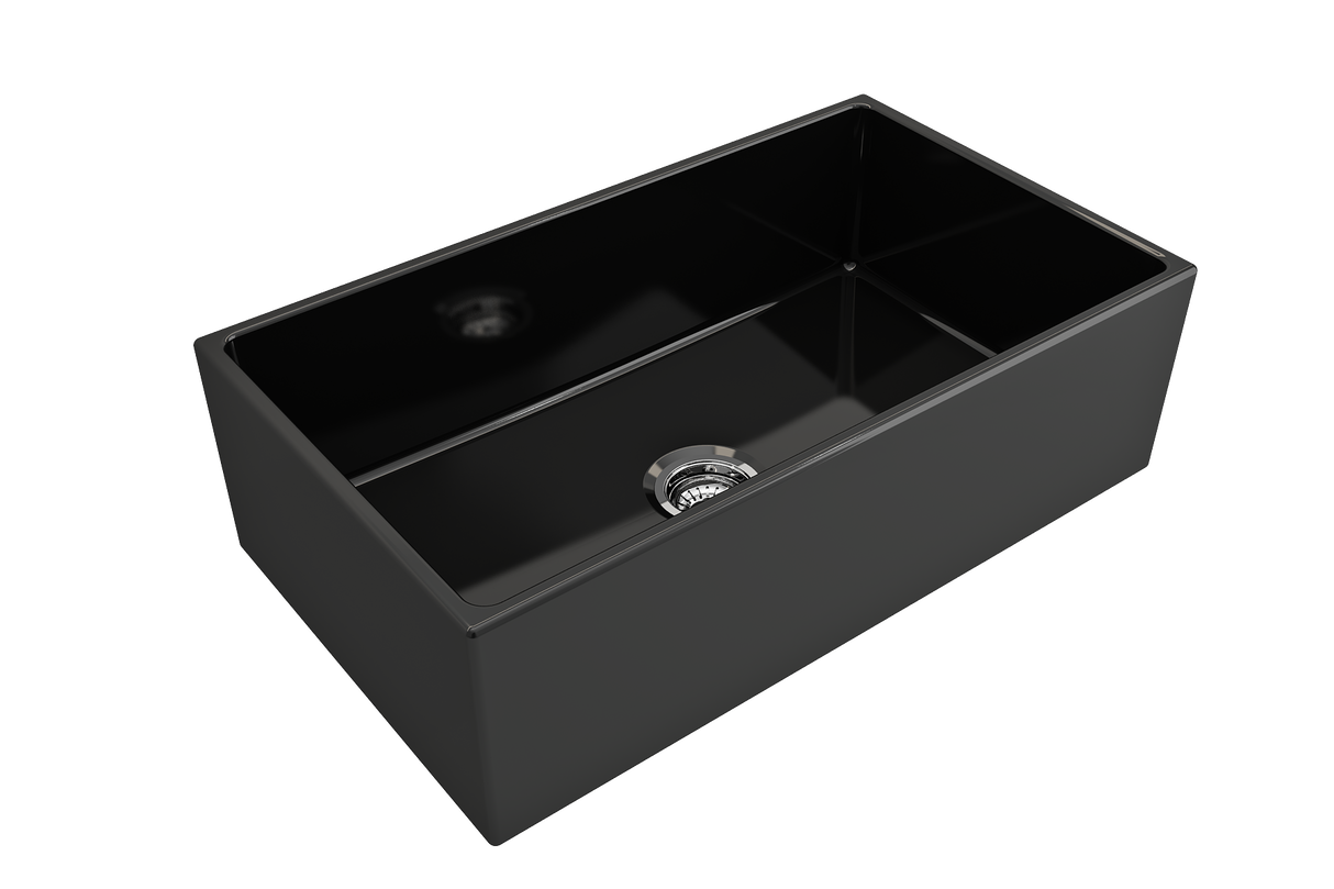 BOCCHI 1352-005-0120 Contempo Apron Front Fireclay 33 in. Single Bowl Kitchen Sink with Protective Bottom Grid and Strainer in Black