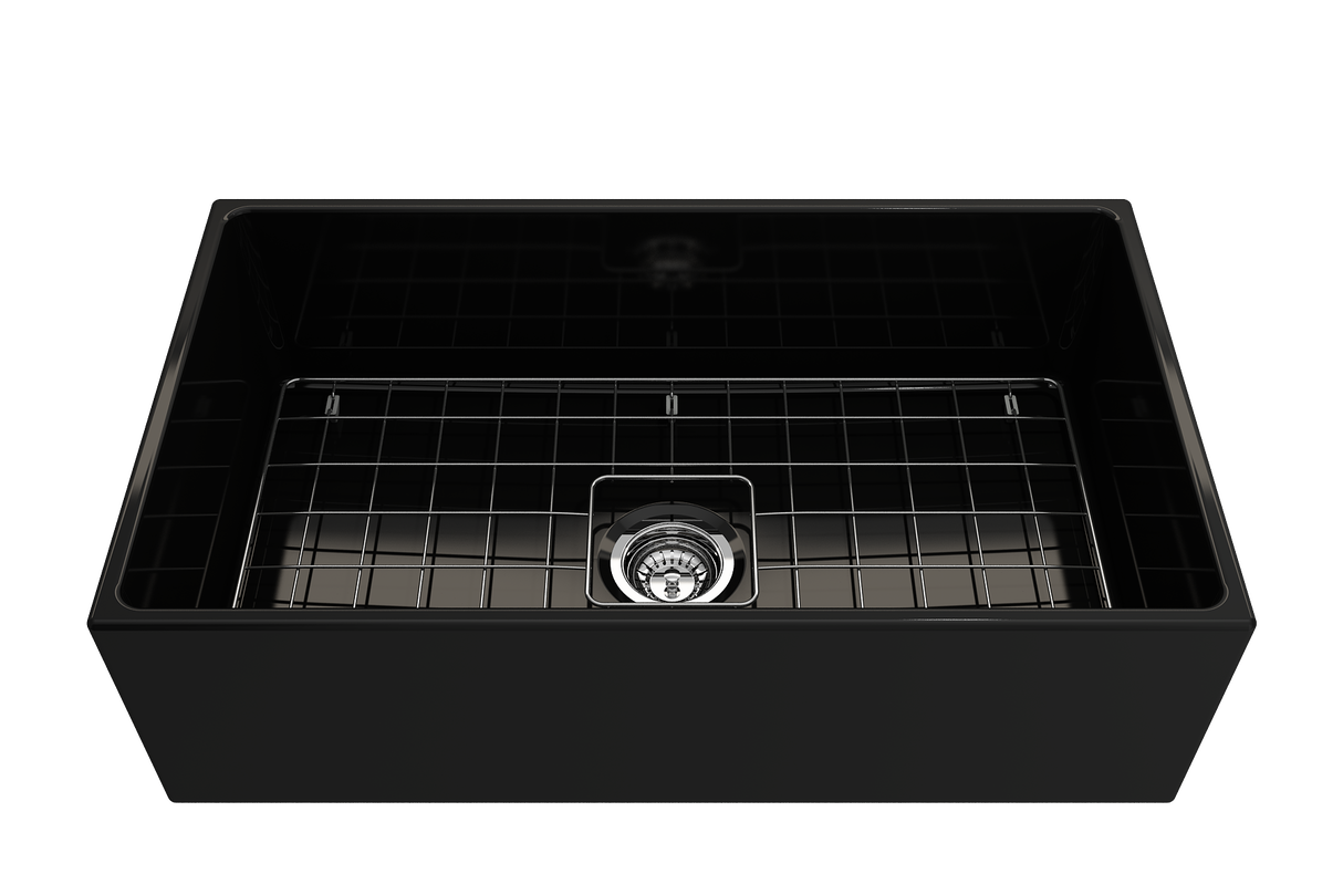 BOCCHI 1352-005-0120 Contempo Apron Front Fireclay 33 in. Single Bowl Kitchen Sink with Protective Bottom Grid and Strainer in Black