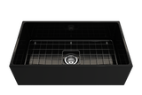 BOCCHI 1352-005-0120 Contempo Apron Front Fireclay 33 in. Single Bowl Kitchen Sink with Protective Bottom Grid and Strainer in Black