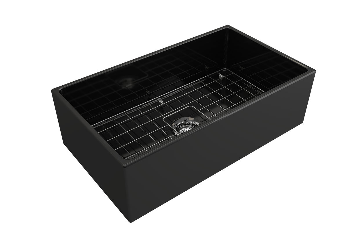 BOCCHI 1352-005-0120 Contempo Apron Front Fireclay 33 in. Single Bowl Kitchen Sink with Protective Bottom Grid and Strainer in Black