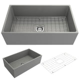 BOCCHI 1352-006-0120 Contempo Apron Front Fireclay 33 in. Single Bowl Kitchen Sink with Protective Bottom Grid and Strainer in Matte Gray