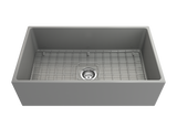 BOCCHI 1352-006-0120 Contempo Apron Front Fireclay 33 in. Single Bowl Kitchen Sink with Protective Bottom Grid and Strainer in Matte Gray