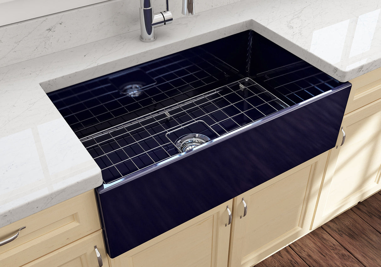 BOCCHI 1352-010-0120 Contempo Apron Front Fireclay 33 in. Single Bowl Kitchen Sink with Protective Bottom Grid and Strainer in Sapphire Blue