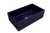 BOCCHI 1352-010-0120 Contempo Apron Front Fireclay 33 in. Single Bowl Kitchen Sink with Protective Bottom Grid and Strainer in Sapphire Blue