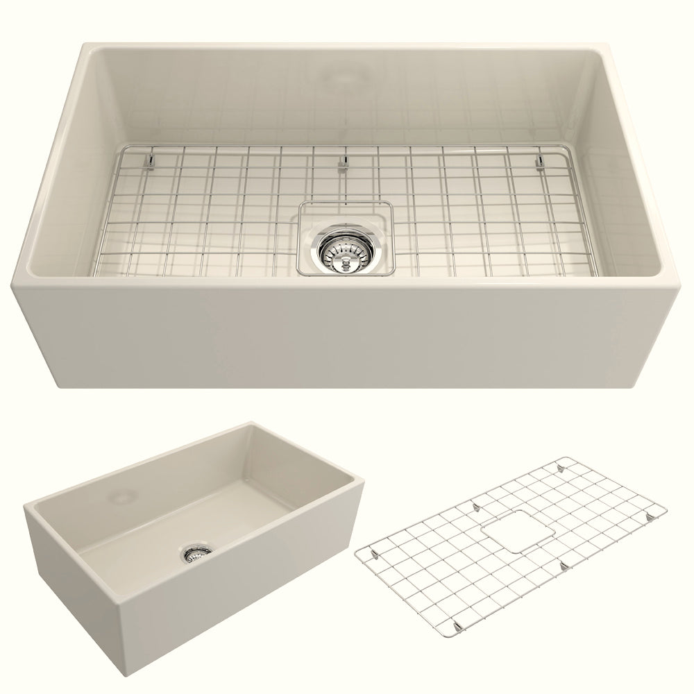 BOCCHI 1352-014-0120 Contempo Apron Front Fireclay 33 in. Single Bowl Kitchen Sink with Protective Bottom Grid and Strainer in Biscuit