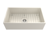 BOCCHI 1352-014-0120 Contempo Apron Front Fireclay 33 in. Single Bowl Kitchen Sink with Protective Bottom Grid and Strainer in Biscuit