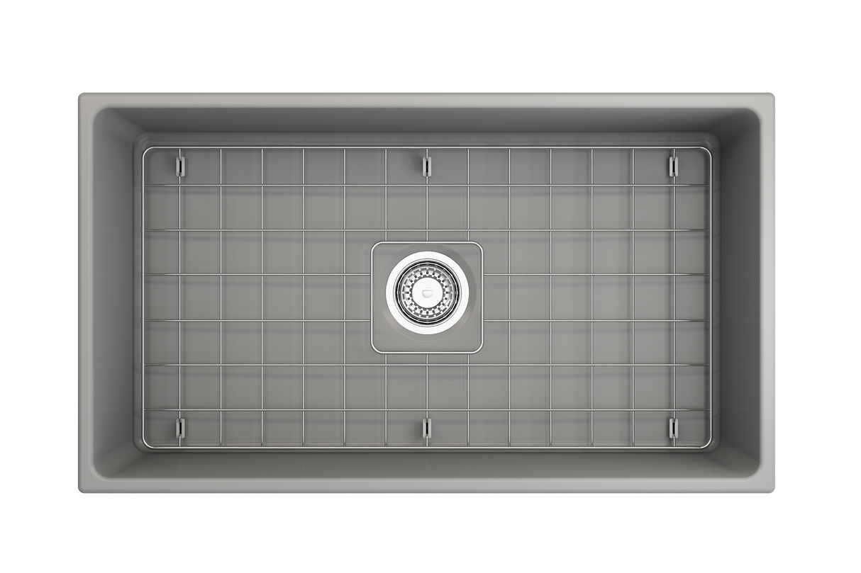 BOCCHI 1353-006-0120 Vigneto Apron Front Fireclay 33 in. Single Bowl Kitchen Sink with Protective Bottom Grid and Strainer in Matte Gray