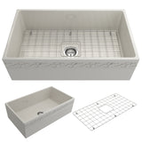 BOCCHI 1353-014-0120 Vigneto Apron Front Fireclay 33 in. Single Bowl Kitchen Sink with Protective Bottom Grid and Strainer in Biscuit