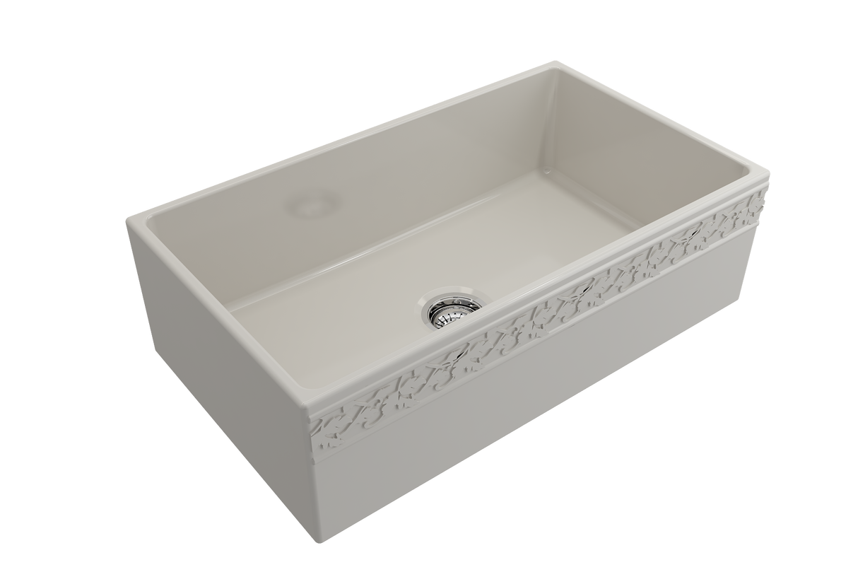 BOCCHI 1353-014-0120 Vigneto Apron Front Fireclay 33 in. Single Bowl Kitchen Sink with Protective Bottom Grid and Strainer in Biscuit