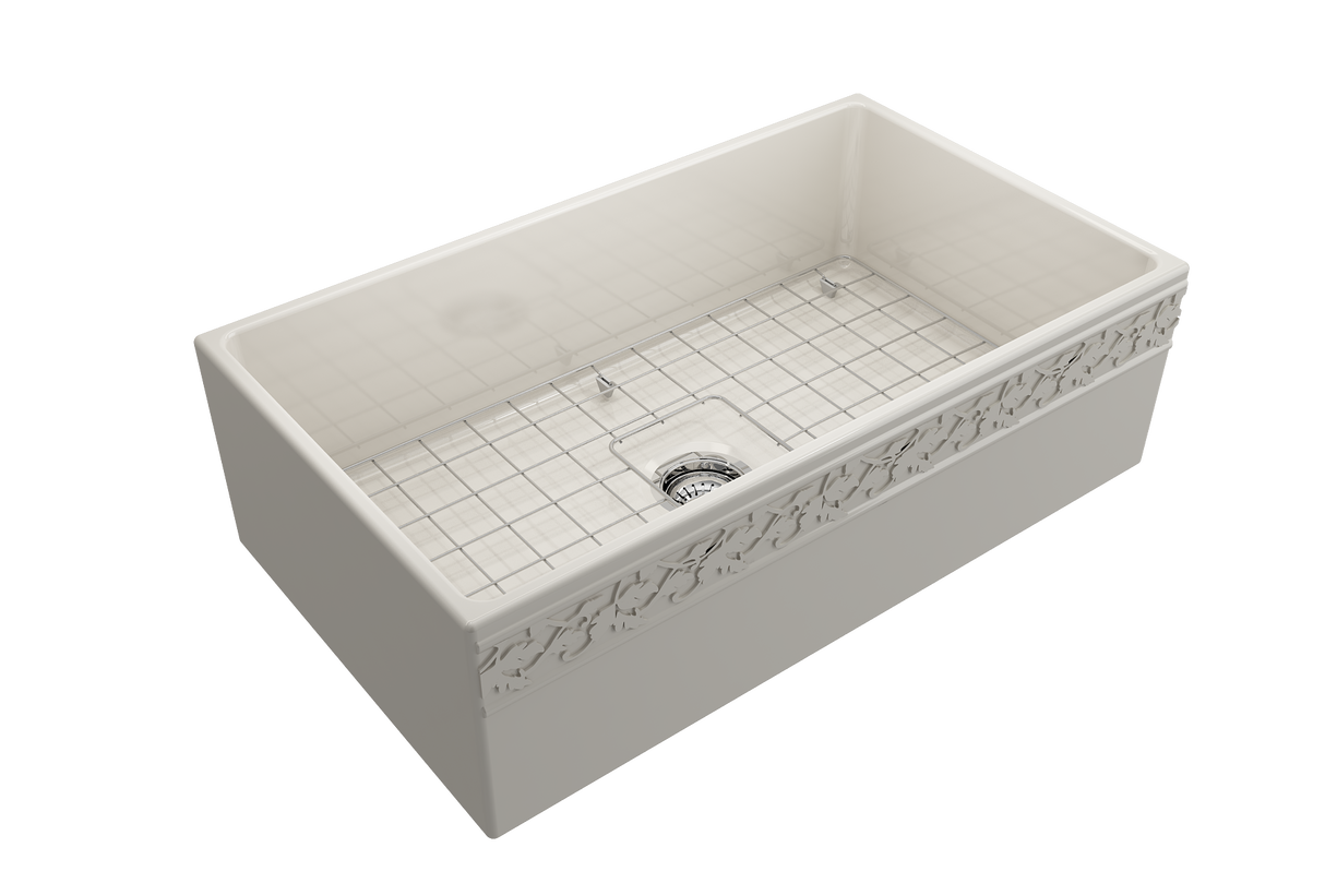 BOCCHI 1353-014-0120 Vigneto Apron Front Fireclay 33 in. Single Bowl Kitchen Sink with Protective Bottom Grid and Strainer in Biscuit