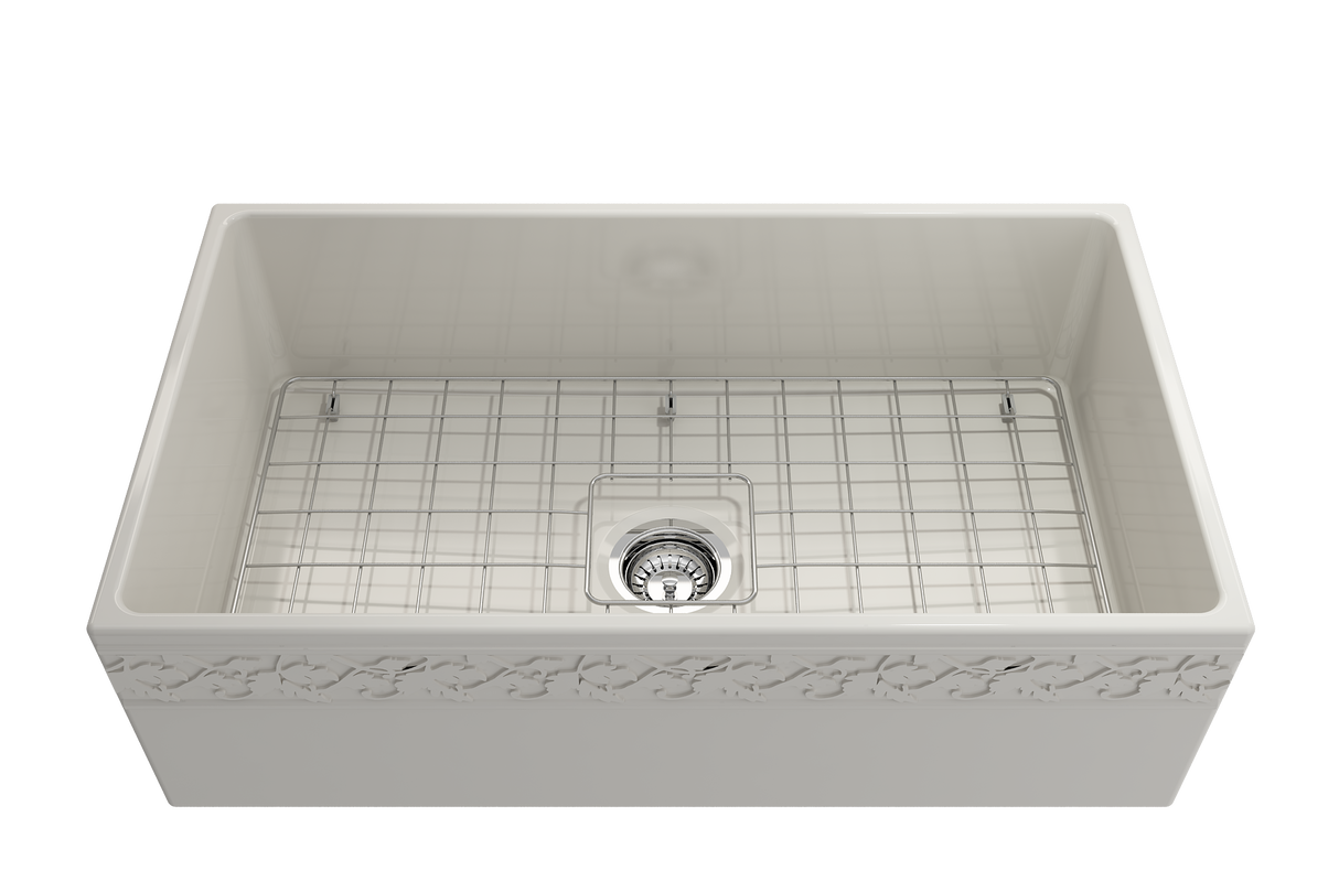 BOCCHI 1353-014-0120 Vigneto Apron Front Fireclay 33 in. Single Bowl Kitchen Sink with Protective Bottom Grid and Strainer in Biscuit