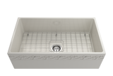 BOCCHI 1353-014-0120 Vigneto Apron Front Fireclay 33 in. Single Bowl Kitchen Sink with Protective Bottom Grid and Strainer in Biscuit