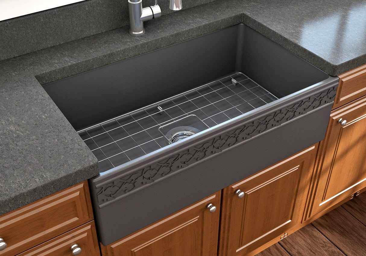 BOCCHI 1353-020-0120 Vigneto Apron Front Fireclay 33 in. Single Bowl Kitchen Sink with Protective Bottom Grid and Strainer in Matte Dark Gray