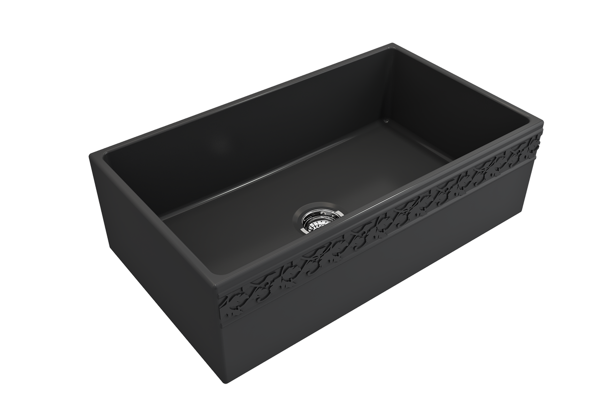 BOCCHI 1353-020-0120 Vigneto Apron Front Fireclay 33 in. Single Bowl Kitchen Sink with Protective Bottom Grid and Strainer in Matte Dark Gray