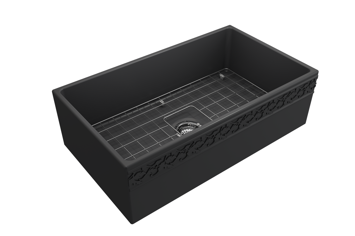 BOCCHI 1353-020-0120 Vigneto Apron Front Fireclay 33 in. Single Bowl Kitchen Sink with Protective Bottom Grid and Strainer in Matte Dark Gray