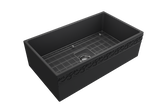 BOCCHI 1353-020-0120 Vigneto Apron Front Fireclay 33 in. Single Bowl Kitchen Sink with Protective Bottom Grid and Strainer in Matte Dark Gray