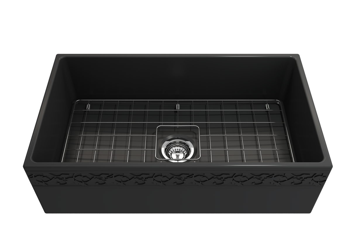 BOCCHI 1353-020-0120 Vigneto Apron Front Fireclay 33 in. Single Bowl Kitchen Sink with Protective Bottom Grid and Strainer in Matte Dark Gray