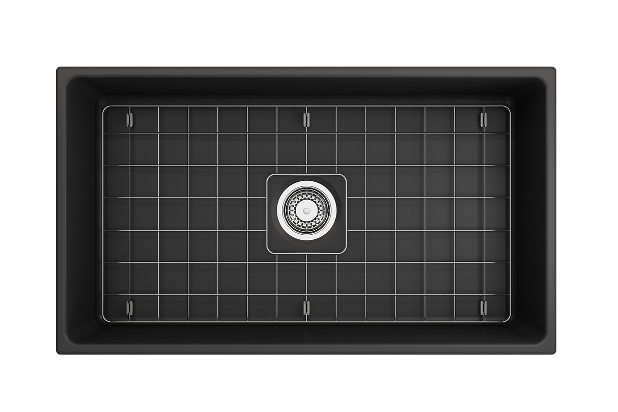 BOCCHI 1353-020-0120 Vigneto Apron Front Fireclay 33 in. Single Bowl Kitchen Sink with Protective Bottom Grid and Strainer in Matte Dark Gray