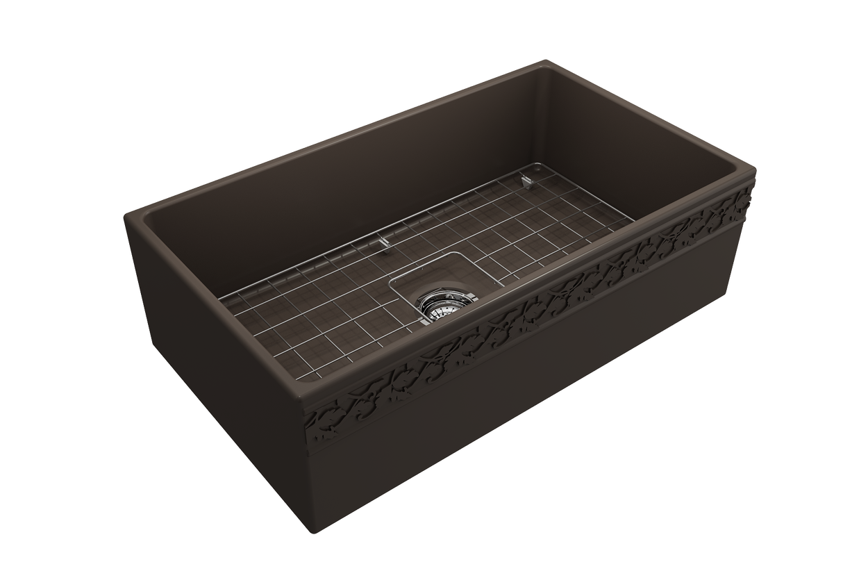BOCCHI 1353-025-0120 Vigneto Apron Front Fireclay 33 in. Single Bowl Kitchen Sink with Protective Bottom Grid and Strainer in Matte Brown