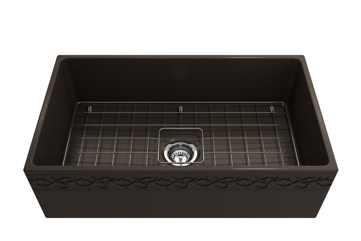 BOCCHI 1353-025-0120 Vigneto Apron Front Fireclay 33 in. Single Bowl Kitchen Sink with Protective Bottom Grid and Strainer in Matte Brown