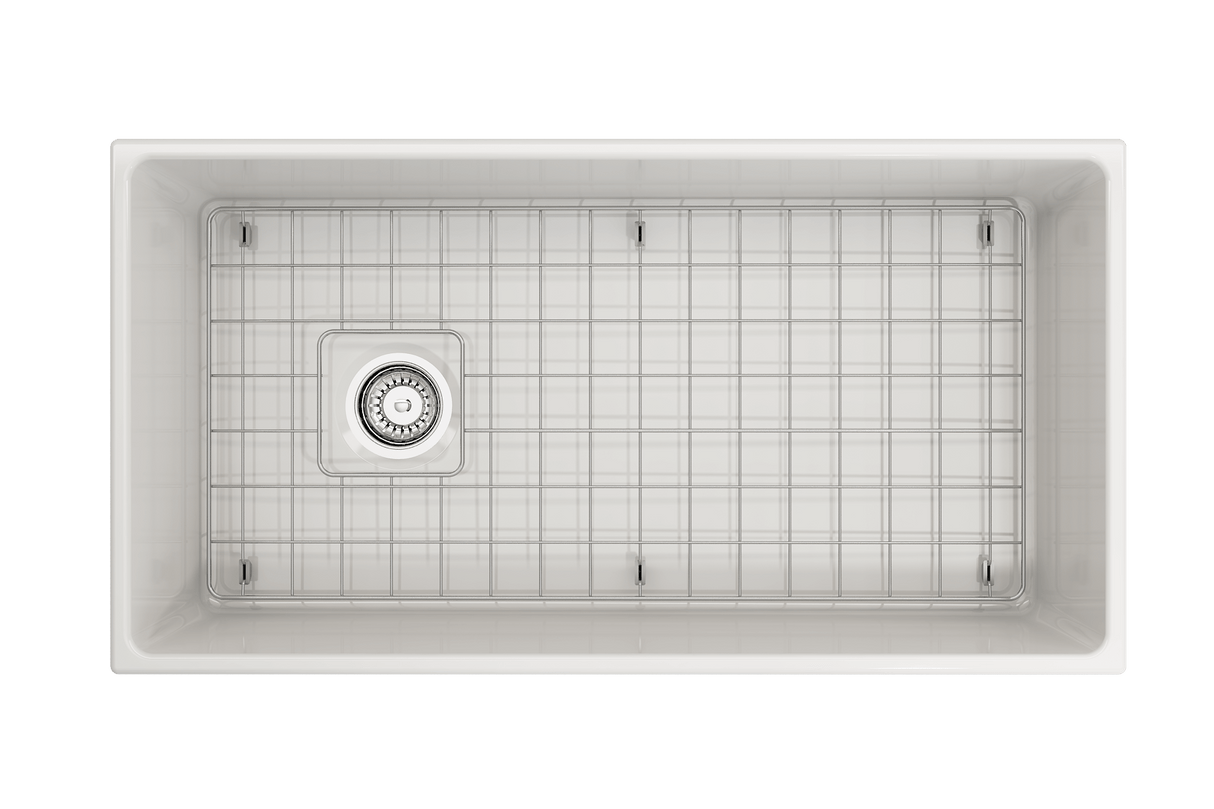 BOCCHI 1354-001-0120 Contempo Apron Front Fireclay 36 in. Single Bowl Kitchen Sink with Protective Bottom Grid and Strainer in White