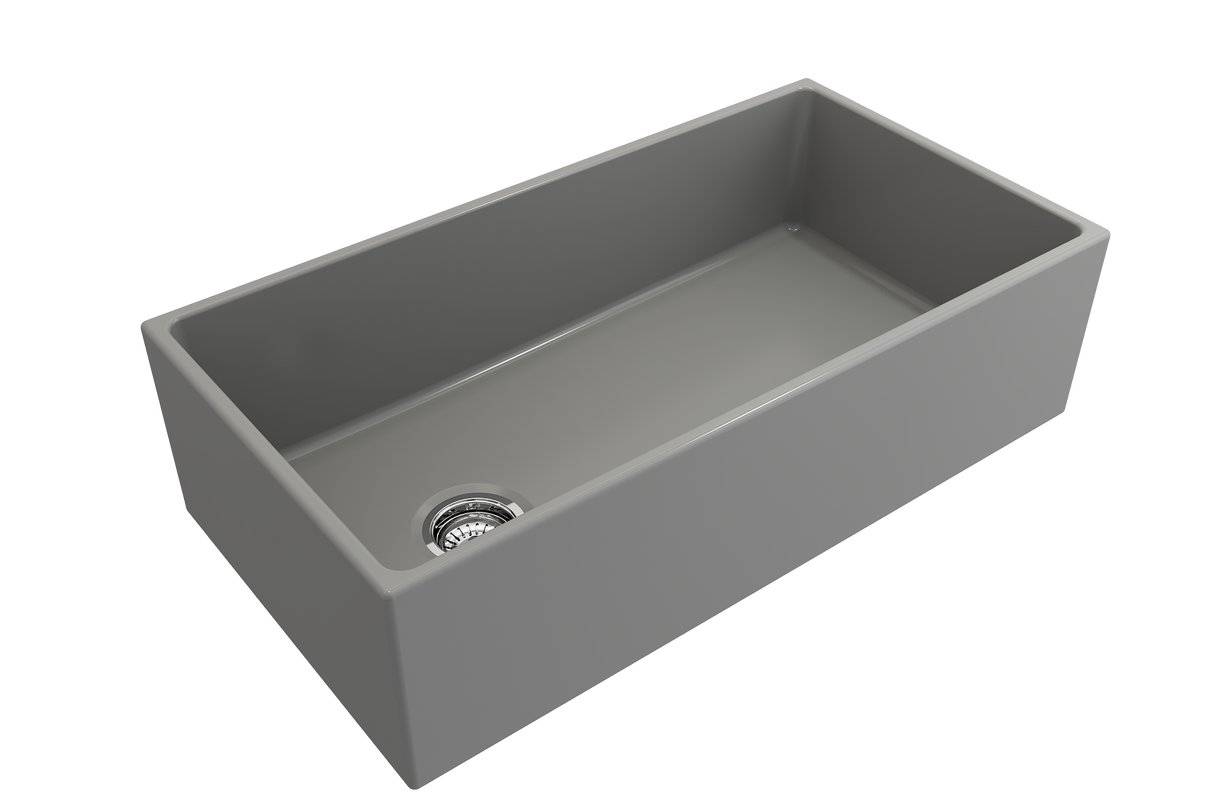 BOCCHI 1354-006-0120 Contempo Apron Front Fireclay 36 in. Single Bowl Kitchen Sink with Protective Bottom Grid and Strainer in Matte Gray