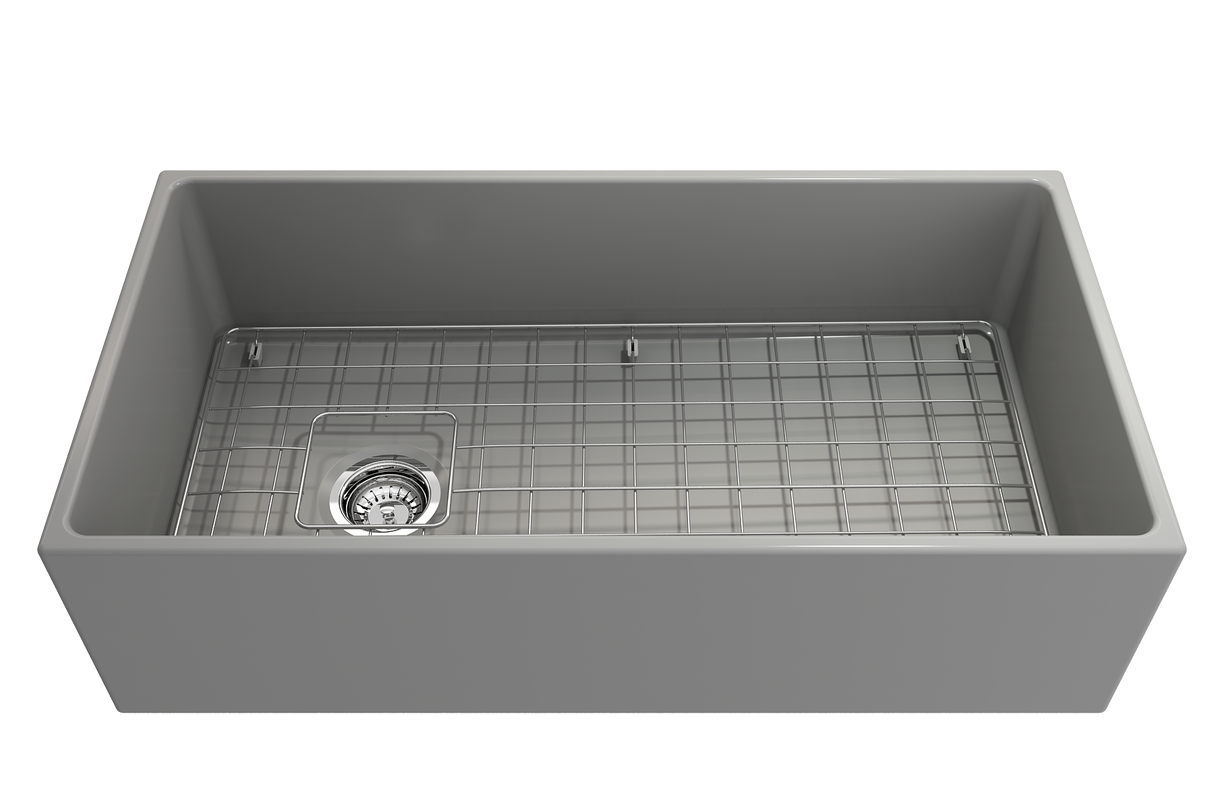 BOCCHI 1354-006-0120 Contempo Apron Front Fireclay 36 in. Single Bowl Kitchen Sink with Protective Bottom Grid and Strainer in Matte Gray