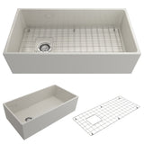 BOCCHI 1354-014-0120 Contempo Apron Front Fireclay 36 in. Single Bowl Kitchen Sink with Protective Bottom Grid and Strainer in Biscuit