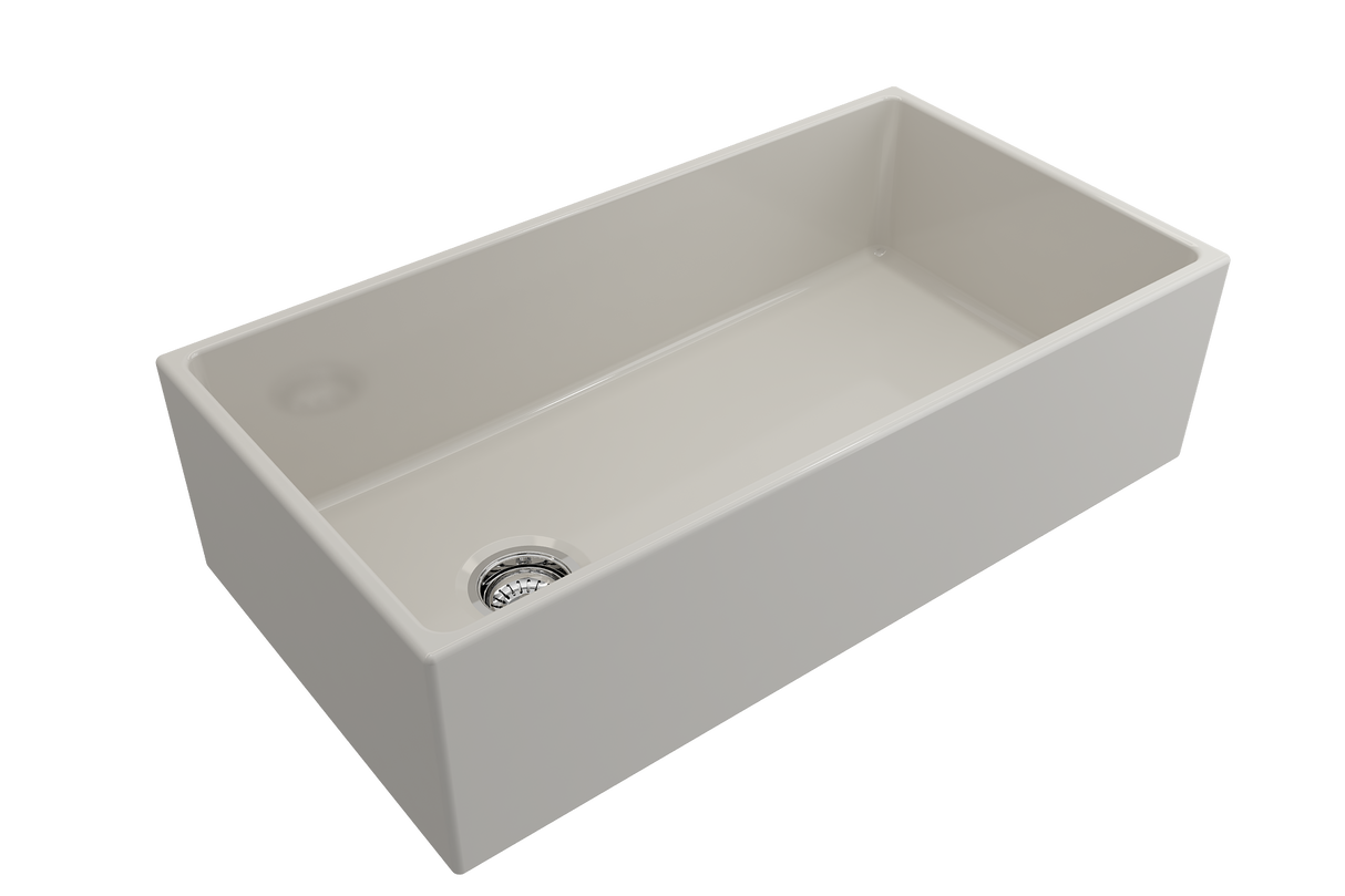 BOCCHI 1354-014-0120 Contempo Apron Front Fireclay 36 in. Single Bowl Kitchen Sink with Protective Bottom Grid and Strainer in Biscuit