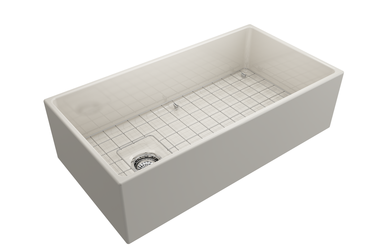 BOCCHI 1354-014-0120 Contempo Apron Front Fireclay 36 in. Single Bowl Kitchen Sink with Protective Bottom Grid and Strainer in Biscuit