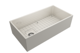 BOCCHI 1354-014-0120 Contempo Apron Front Fireclay 36 in. Single Bowl Kitchen Sink with Protective Bottom Grid and Strainer in Biscuit