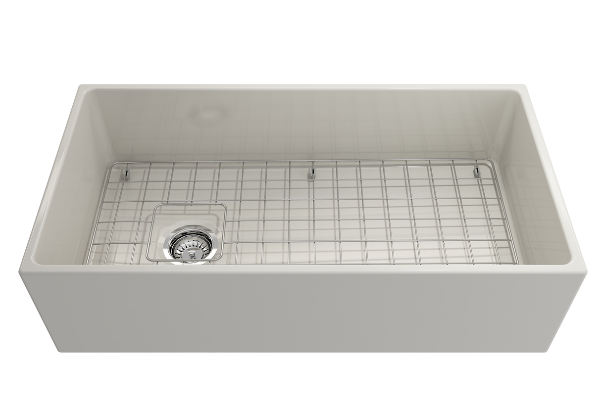 BOCCHI 1354-014-0120 Contempo Apron Front Fireclay 36 in. Single Bowl Kitchen Sink with Protective Bottom Grid and Strainer in Biscuit