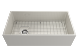 BOCCHI 1354-014-0120 Contempo Apron Front Fireclay 36 in. Single Bowl Kitchen Sink with Protective Bottom Grid and Strainer in Biscuit