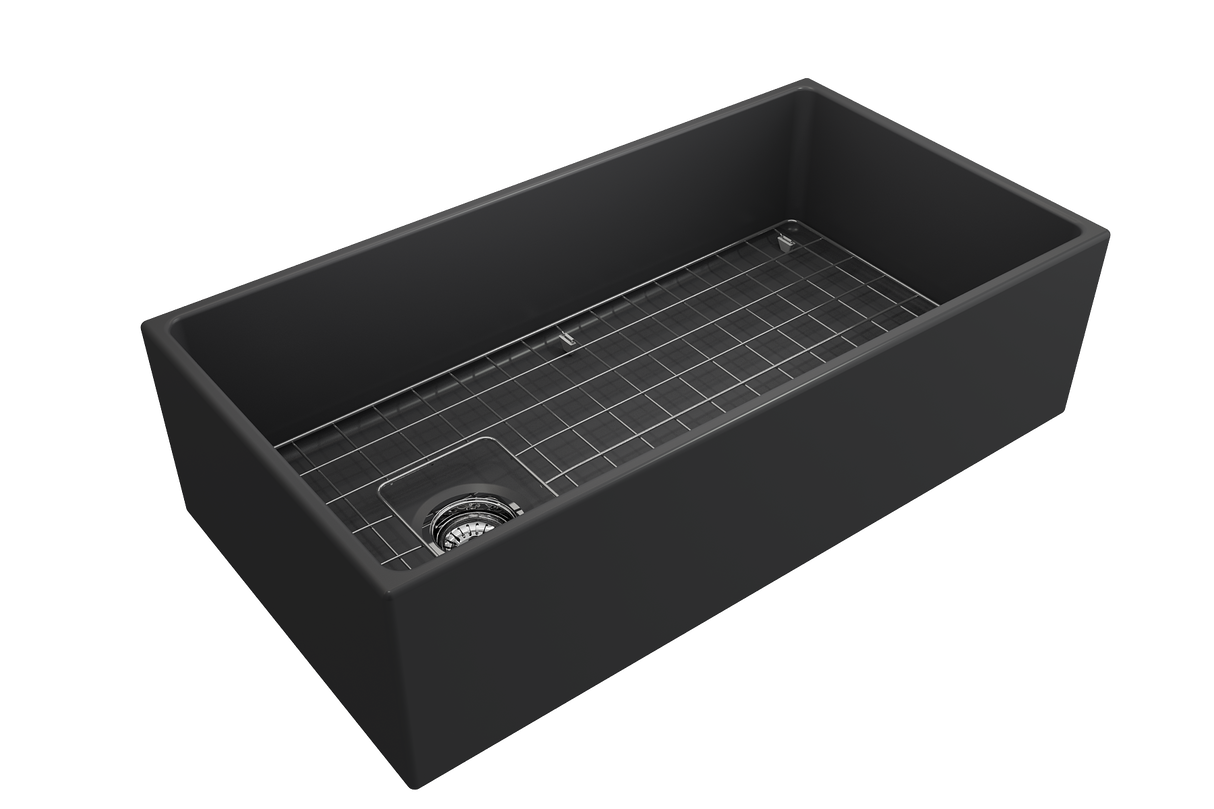 BOCCHI 1354-020-0120 Contempo Apron Front Fireclay 36 in. Single Bowl Kitchen Sink with Protective Bottom Grid and Strainer in Matte Dark Gray