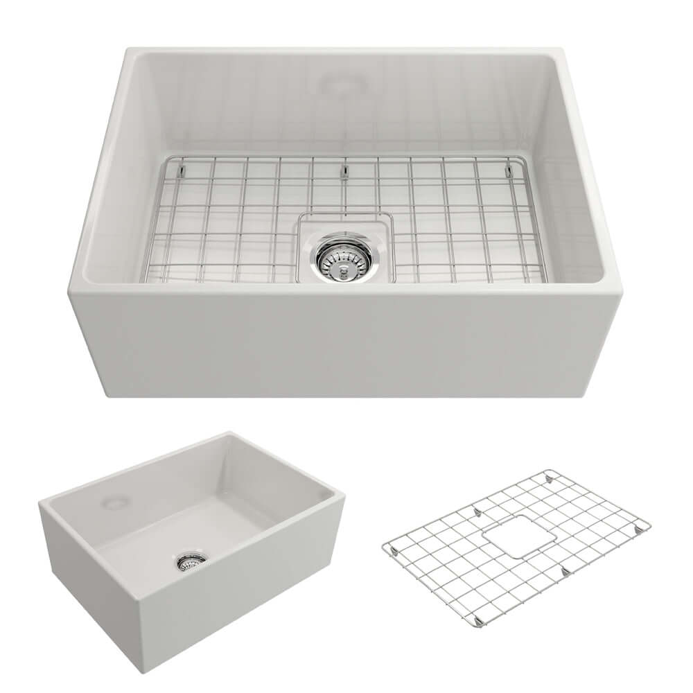 BOCCHI 1356-001-0120 Contempo Apron Front Fireclay 27 in. Single Bowl Kitchen Sink with Protective Bottom Grid and Strainer in White