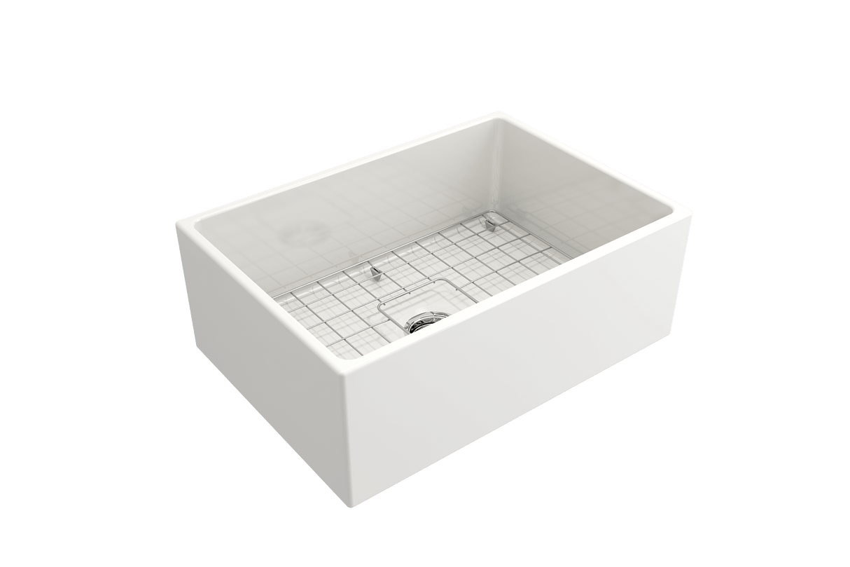 BOCCHI 1356-001-0120 Contempo Apron Front Fireclay 27 in. Single Bowl Kitchen Sink with Protective Bottom Grid and Strainer in White