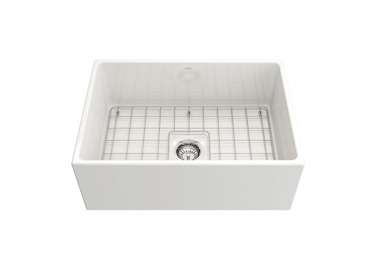 BOCCHI 1356-001-0120 Contempo Apron Front Fireclay 27 in. Single Bowl Kitchen Sink with Protective Bottom Grid and Strainer in White