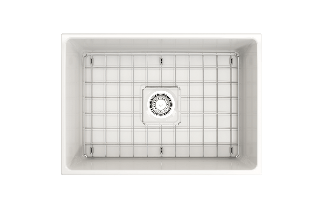 BOCCHI 1356-001-0120 Contempo Apron Front Fireclay 27 in. Single Bowl Kitchen Sink with Protective Bottom Grid and Strainer in White