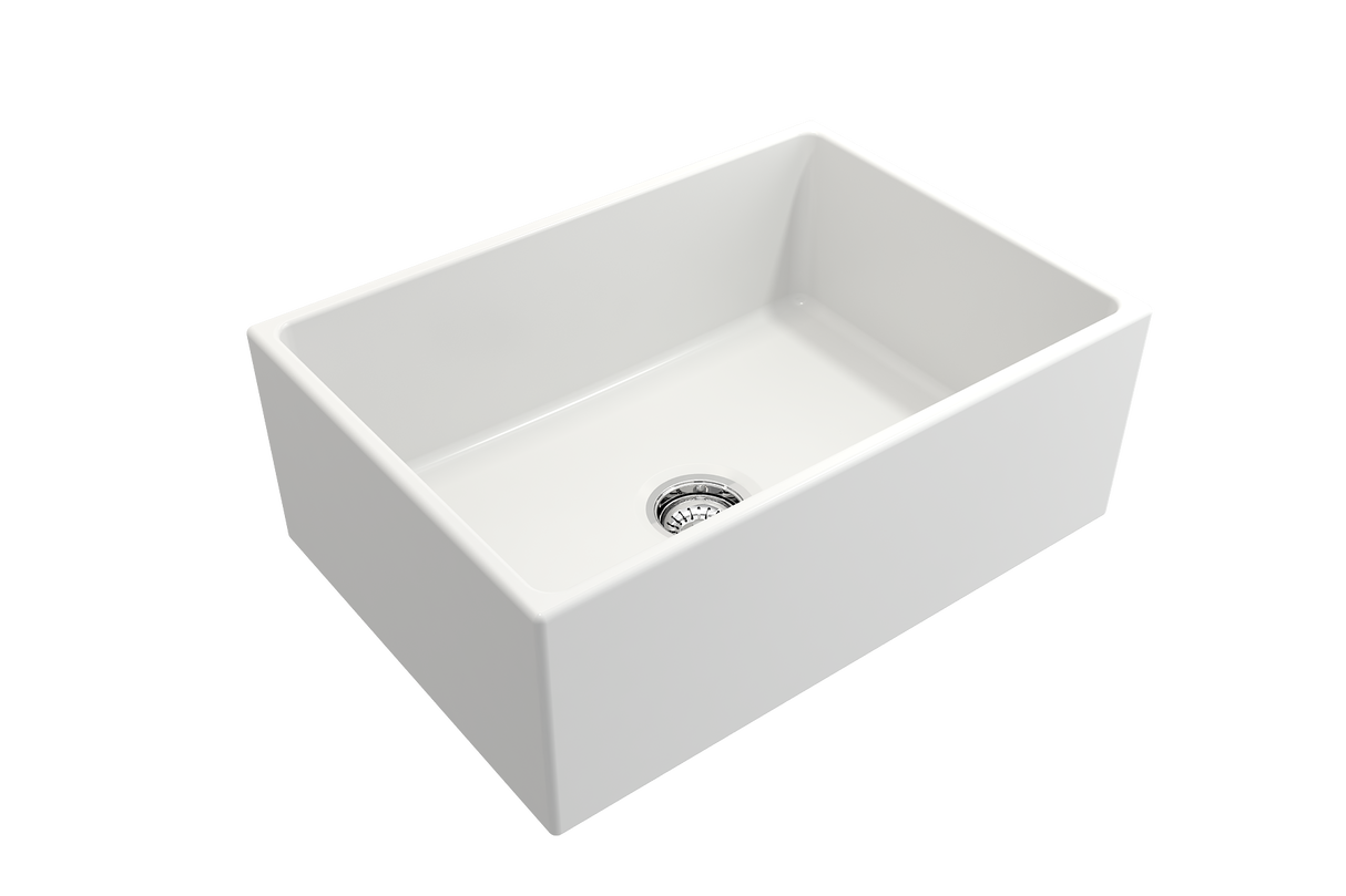 BOCCHI 1356-002-0120 Contempo Apron Front Fireclay 27 in. Single Bowl Kitchen Sink with Protective Bottom Grid and Strainer in Matte White