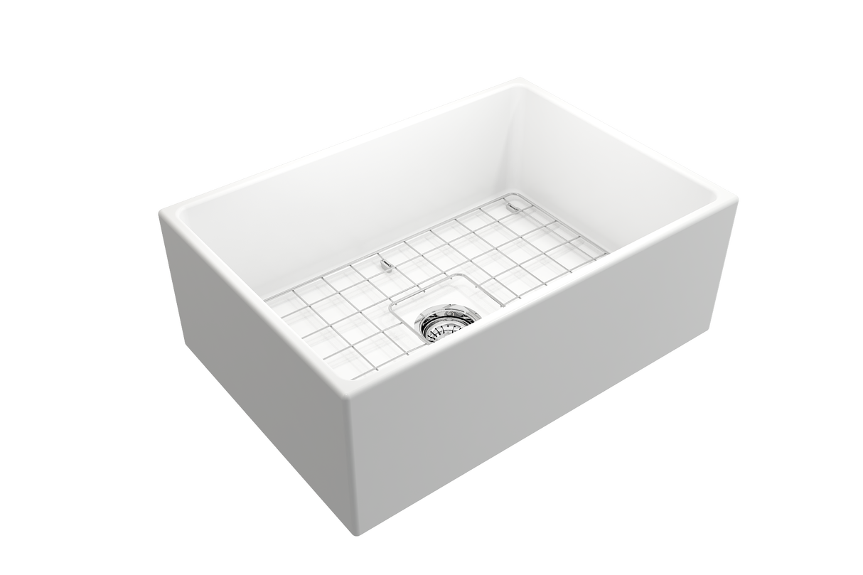 BOCCHI 1356-002-0120 Contempo Apron Front Fireclay 27 in. Single Bowl Kitchen Sink with Protective Bottom Grid and Strainer in Matte White