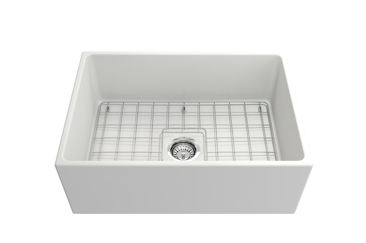 BOCCHI 1356-002-0120 Contempo Apron Front Fireclay 27 in. Single Bowl Kitchen Sink with Protective Bottom Grid and Strainer in Matte White