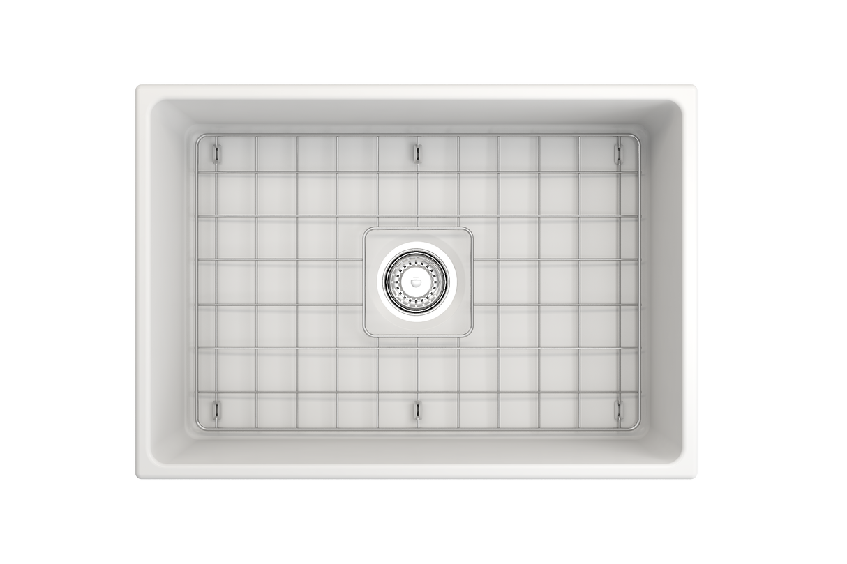 BOCCHI 1356-002-0120 Contempo Apron Front Fireclay 27 in. Single Bowl Kitchen Sink with Protective Bottom Grid and Strainer in Matte White