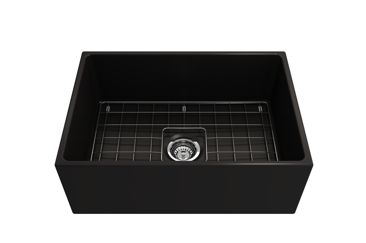 BOCCHI 1356-004-0120 Contempo Apron Front Fireclay 27 in. Single Bowl Kitchen Sink with Protective Bottom Grid and Strainer in Matte Black